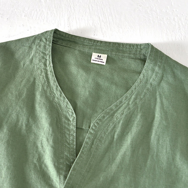 Foviel Summer Stand Collar Short Sleeve Cotton Linen Half Button Men's Shirt