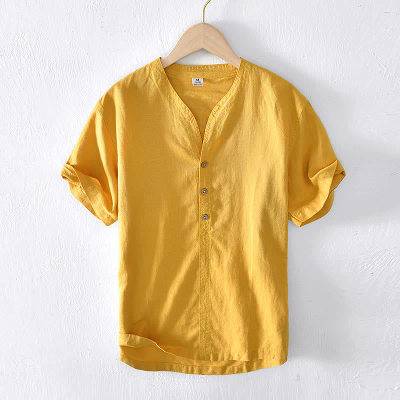 Chemise d'été Foviel pour homme à col montant, manches courtes, en coton et lin, à demi-boutonnage