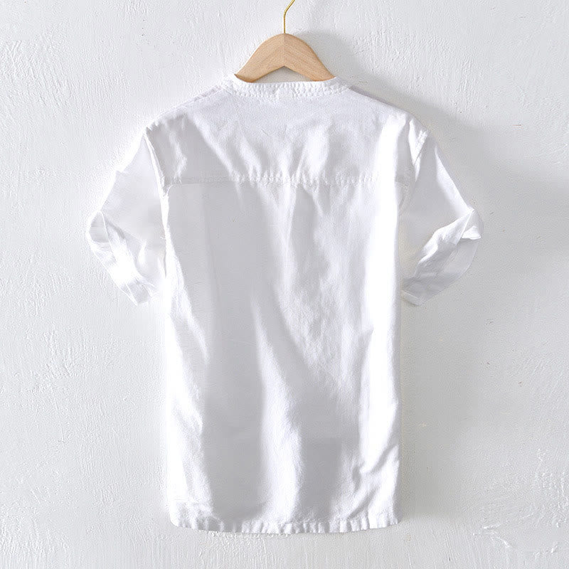 Chemise d'été Foviel pour homme à col montant, manches courtes, en coton et lin, à demi-boutonnage