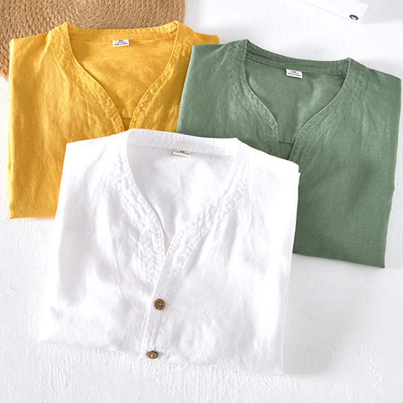 Chemise d'été Foviel pour homme à col montant, manches courtes, en coton et lin, à demi-boutonnage