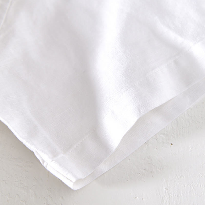 Chemise d'été Foviel pour homme à col montant, manches courtes, en coton et lin, à demi-boutonnage
