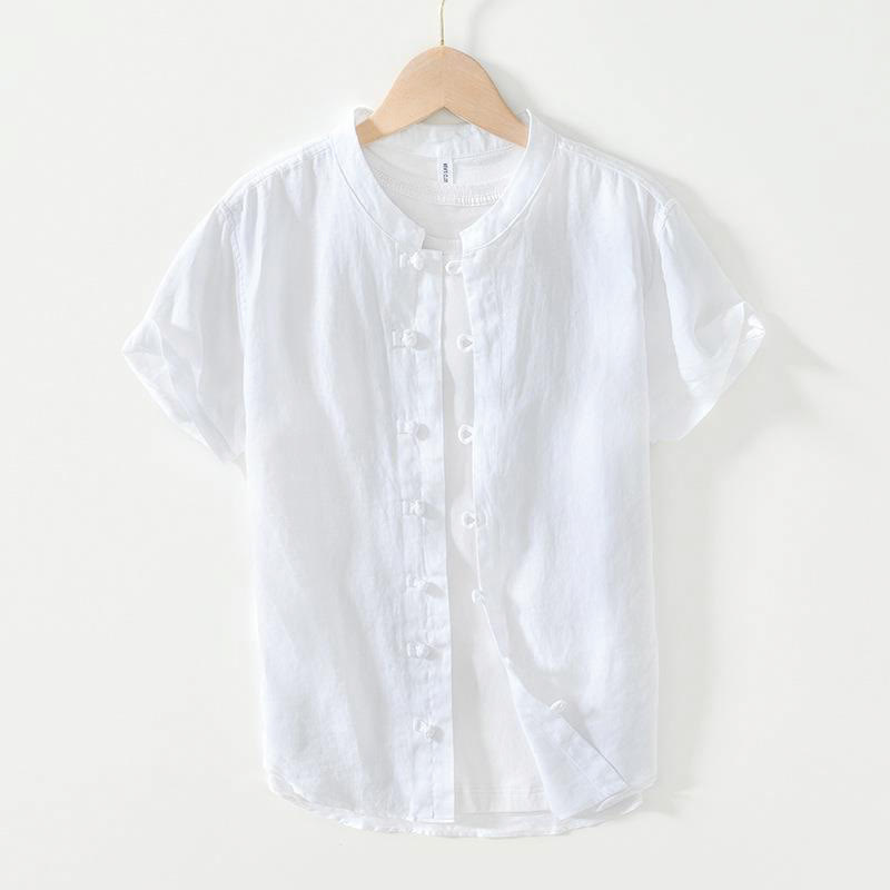Buddha Stones Daily Frog-Button Stand Collar Short Sleeve Linen Men's Shirt - White - US/UK/AU42,EU52 (3XL) - image 6