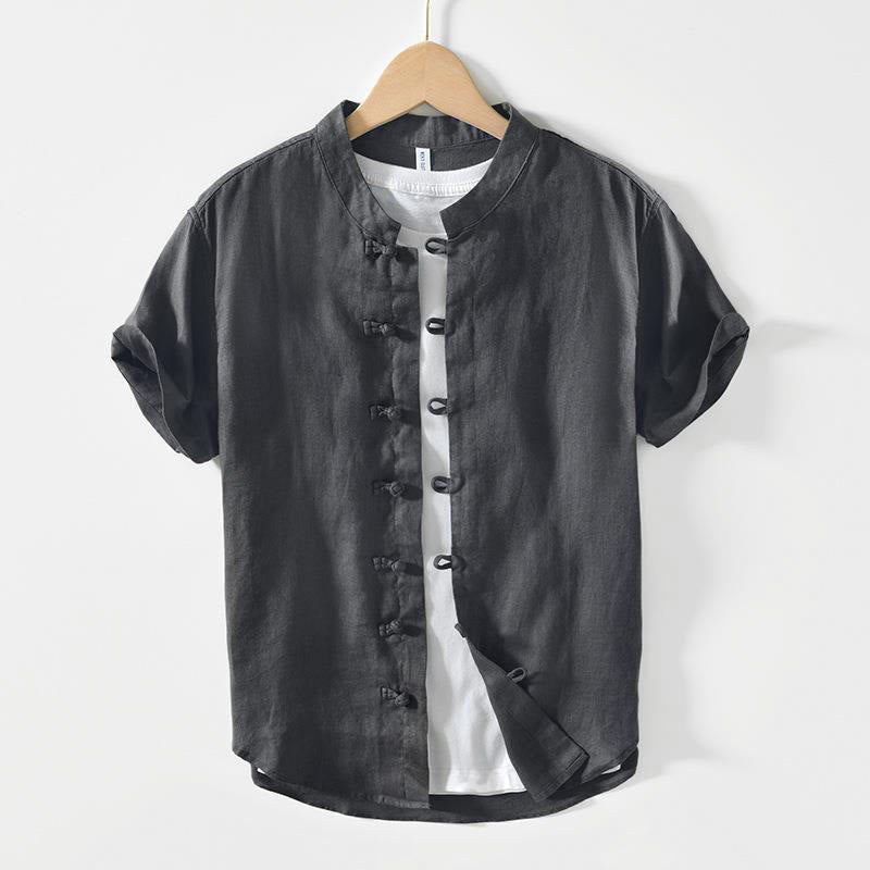 Buddha Stones Daily Frog-Button Stand Collar Short Sleeve Linen Men's Shirt - DimGray - US/UK/AU42,EU52 (3XL) - image 0