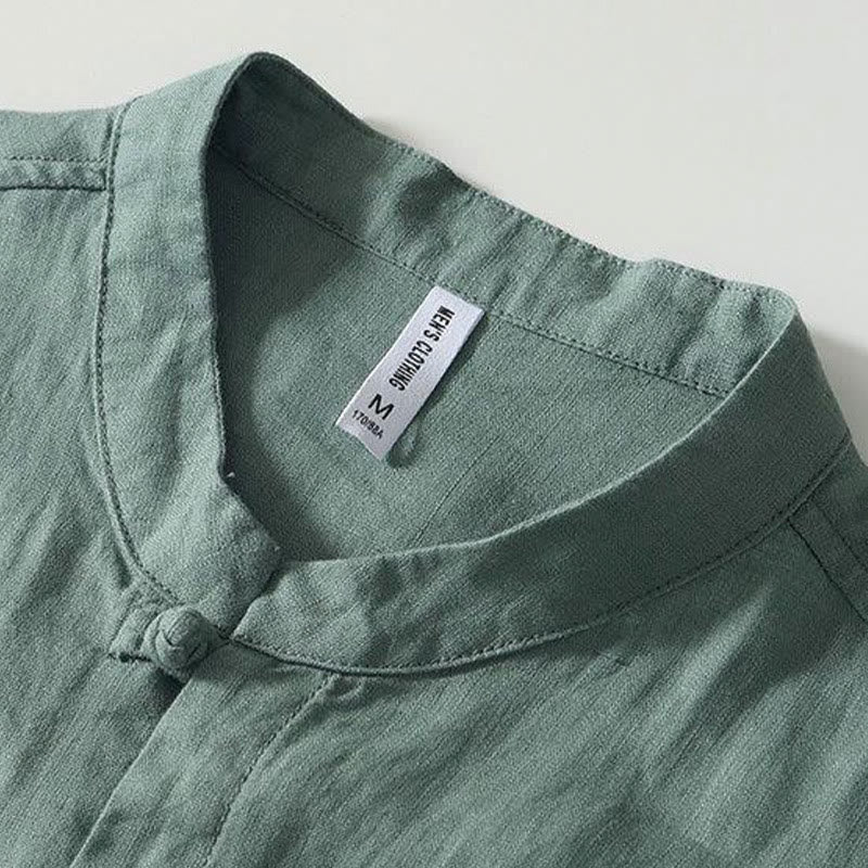Buddha Stones Daily Frog-Button Stand Collar Short Sleeve Linen Men's Shirt - image 19