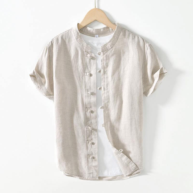 Buddha Stones Daily Frog-Button Stand Collar Short Sleeve Linen Men's Shirt - LightGrey - US/UK/AU42,EU52 (3XL) - image 13