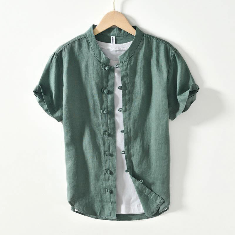 Buddha Stones Daily Frog-Button Stand Collar Short Sleeve Linen Men's Shirt - MediumSeaGreen - US/UK/AU42,EU52 (3XL) - image 18
