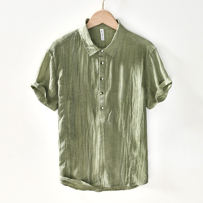 Buddha Stones Causal Plain Lapel Ramie Linen Half Button Men's Shirt - YellowGreen - US/UK/AU44,EU54 (4XL) - image 19