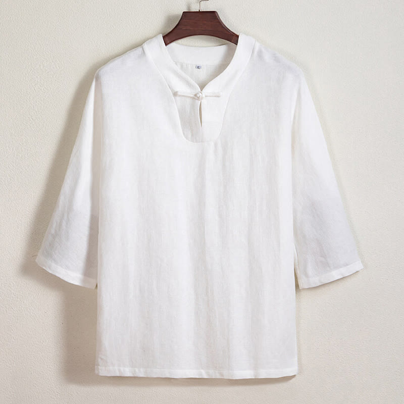 Buddha Stones White Frog-button Linen Three Quarter Sleeve Men's Shirt - White - US/UK/AU44,EU54 (4XL) - image 0
