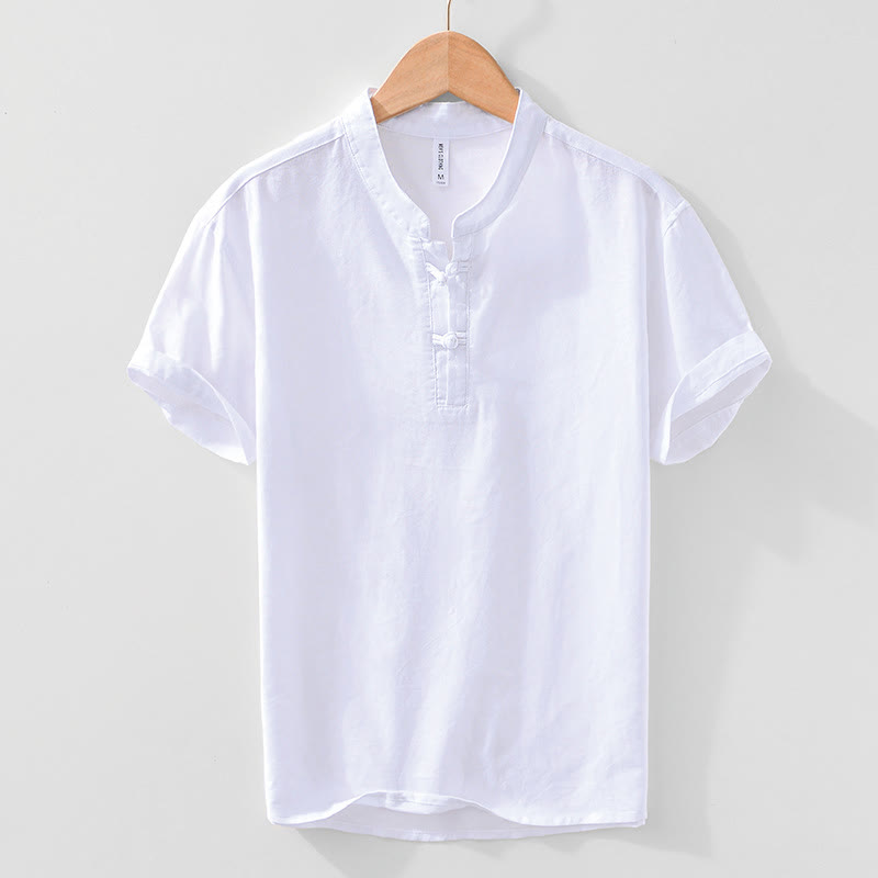 Buddha Stones Soft Plain Frog-button Crew Neck Cotton Linen Half Button Men's Shirt - White - US/UK/AU42,EU52 (3XL) - image 15