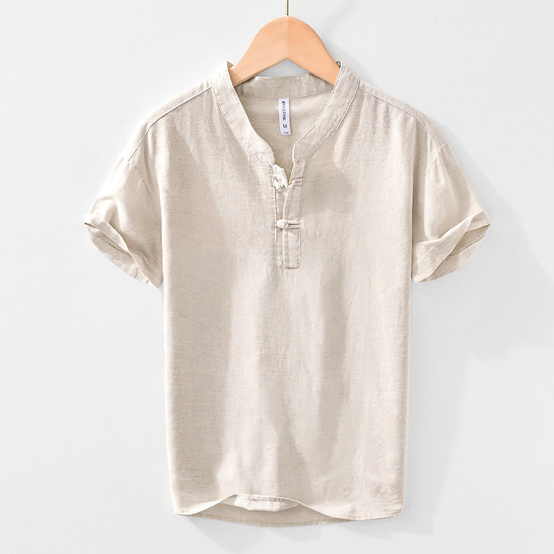 Buddha Stones Soft Plain Frog-button Crew Neck Cotton Linen Half Button Men's Shirt - Beige - US/UK/AU42,EU52 (3XL) - image 0