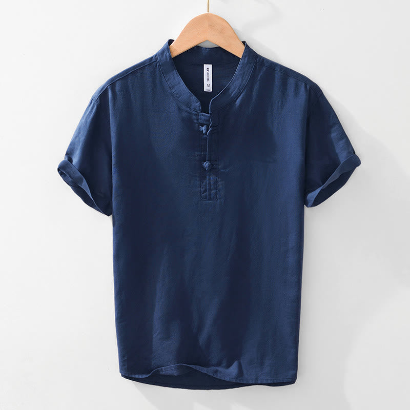 Buddha Stones Soft Plain Frog-button Crew Neck Cotton Linen Half Button Men's Shirt - Navy - US/UK/AU42,EU52 (3XL) - image 5