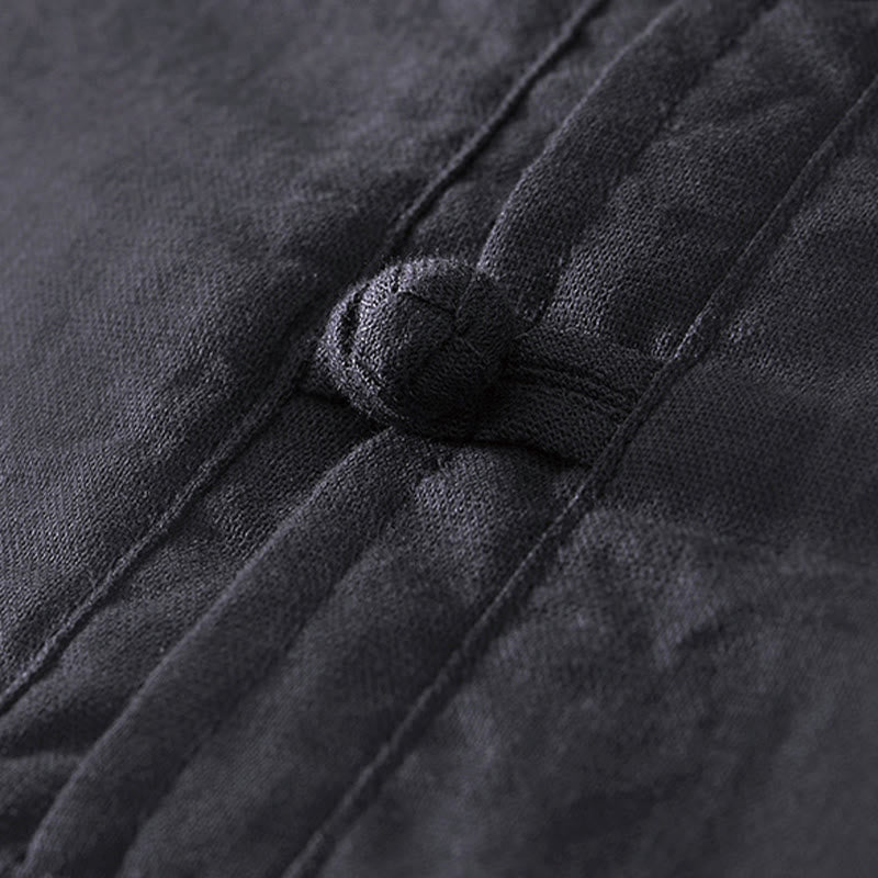 Buddha Stones Soft Plain Frog-button Crew Neck Cotton Linen Half Button Men's Shirt - image 12