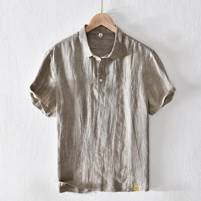 Foviel Simple Design Short Sleeve Lapel Linen Half Button Men's Shirt
