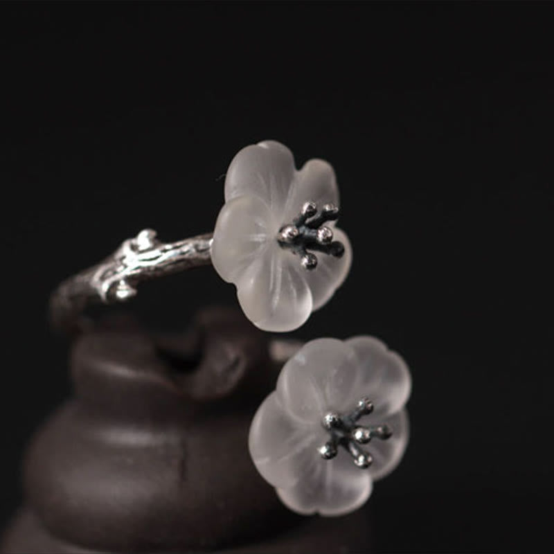 Foviel 925 Sterling Silver White Crystal Double Plum Blossom Flower Adjustable Protection Ring