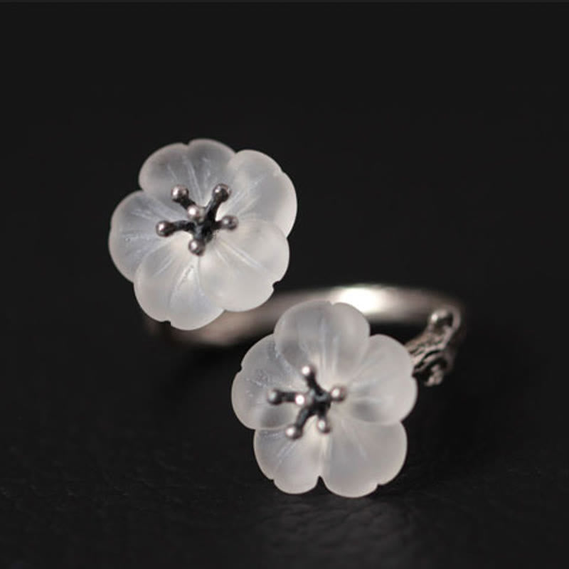 Foviel 925 Sterling Silver White Crystal Double Plum Blossom Flower Adjustable Protection Ring
