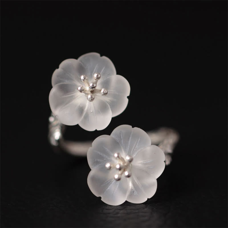 Foviel 925 Sterling Silver White Crystal Double Plum Blossom Flower Adjustable Protection Ring