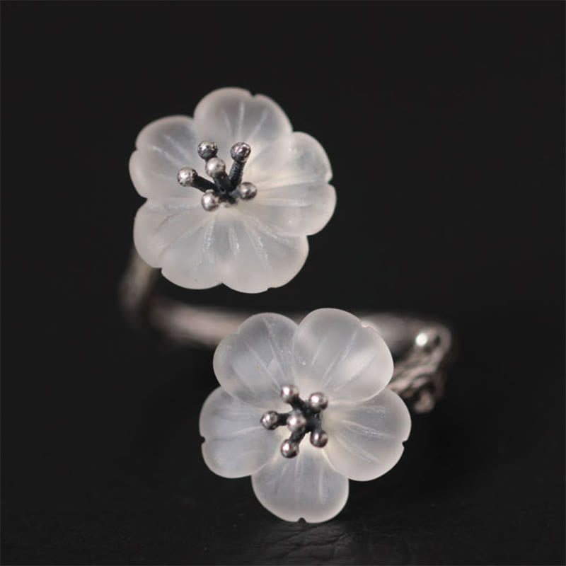 Foviel 925 Sterling Silver White Crystal Double Plum Blossom Flower Adjustable Protection Ring