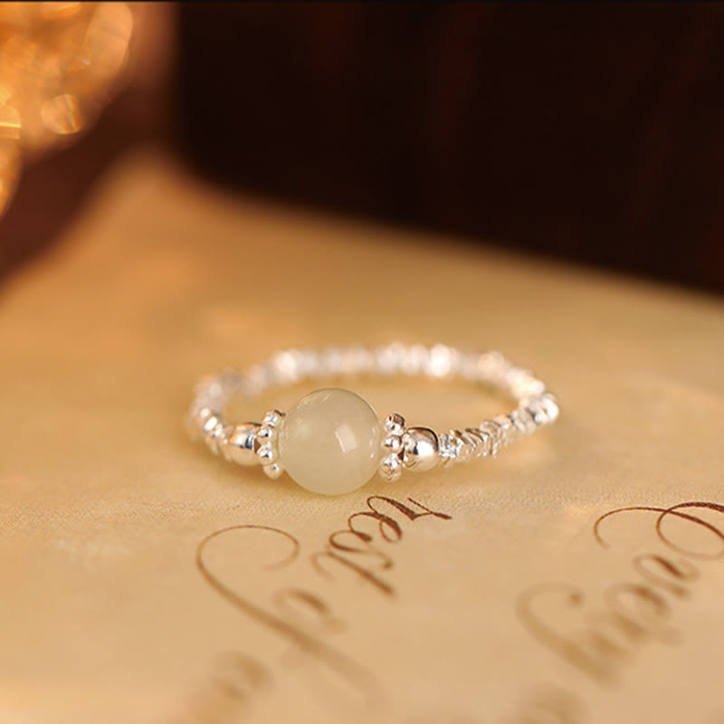 Foviel 925 Sterling Silver Natural Small Hetian Jade Bead Luck Elastic Ring
