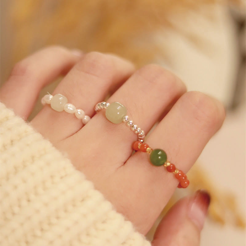 Bague élastique Foviel en argent sterling 925 avec perle de jade de Hetian naturel, agate rouge et perle, symbole de prospérité