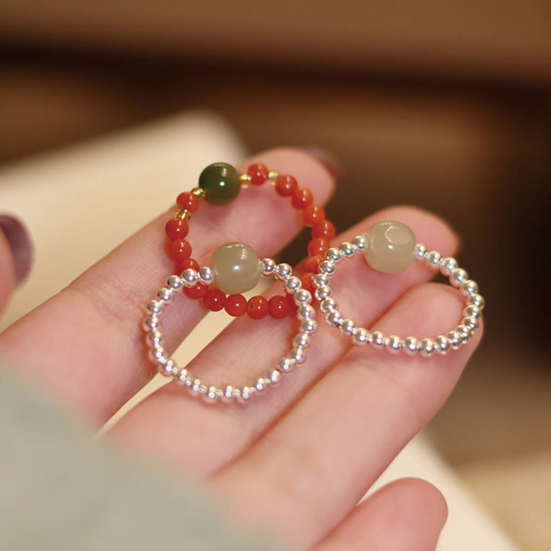 Foviel 925 Sterling Silver Natural Small Hetian Jade Red Agate Pearl Bead Prosperity Elastic Ring