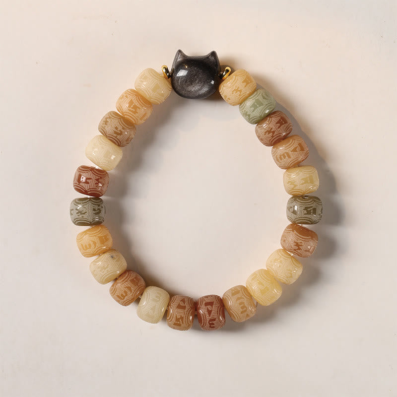 Bracelet de sagesse Foviel en obsidienne argentée sculptée en forme de tête de chat avec graine de Bodhi et mantra Om Mani Padme Hum