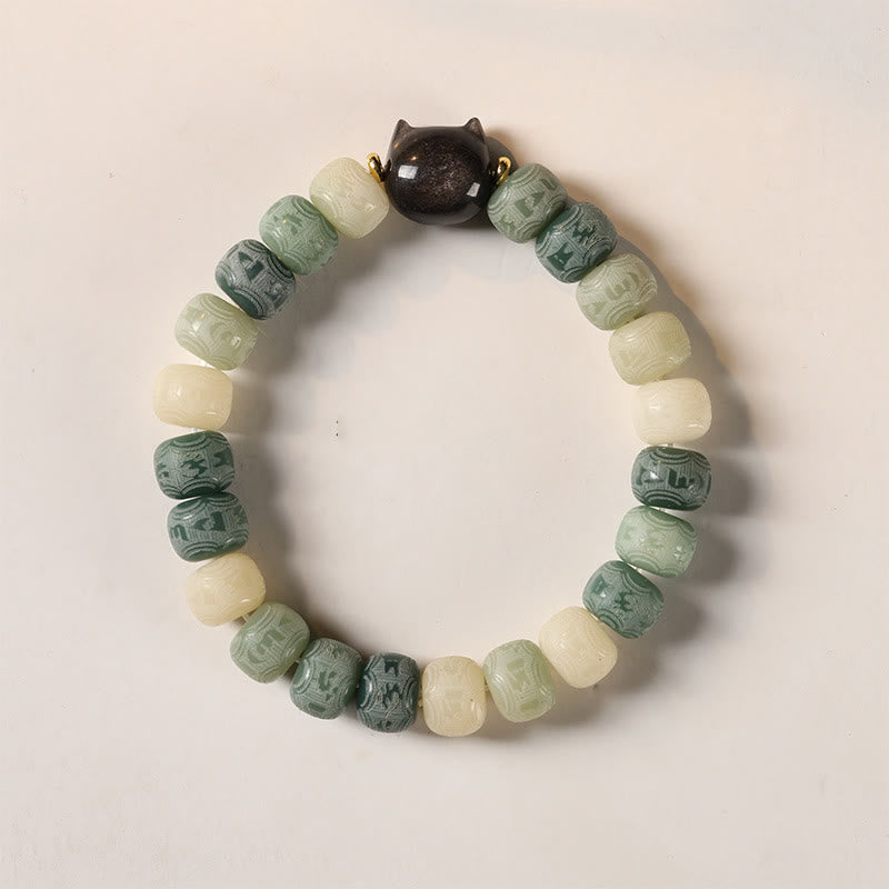 Bracelet de sagesse Foviel en obsidienne argentée sculptée en forme de tête de chat avec graine de Bodhi et mantra Om Mani Padme Hum