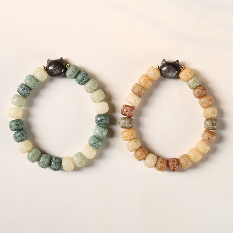 Bracelet de sagesse Foviel en obsidienne argentée sculptée en forme de tête de chat avec graine de Bodhi et mantra Om Mani Padme Hum