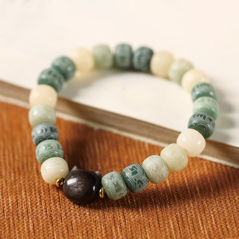 Bracelet de sagesse Foviel en obsidienne argentée sculptée en forme de tête de chat avec graine de Bodhi et mantra Om Mani Padme Hum