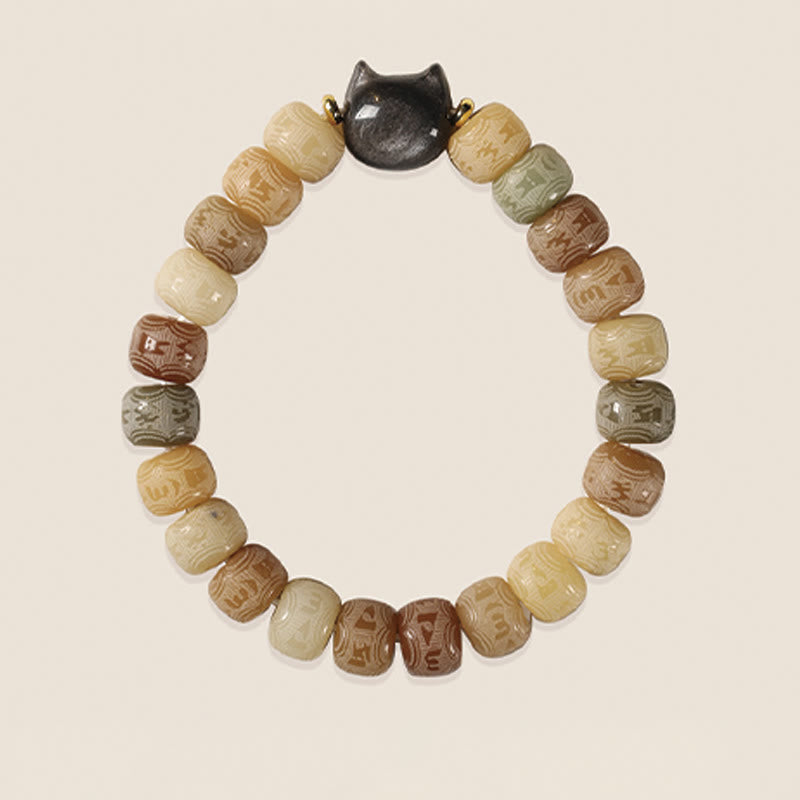 Bracelet de sagesse Foviel en obsidienne argentée sculptée en forme de tête de chat avec graine de Bodhi et mantra Om Mani Padme Hum