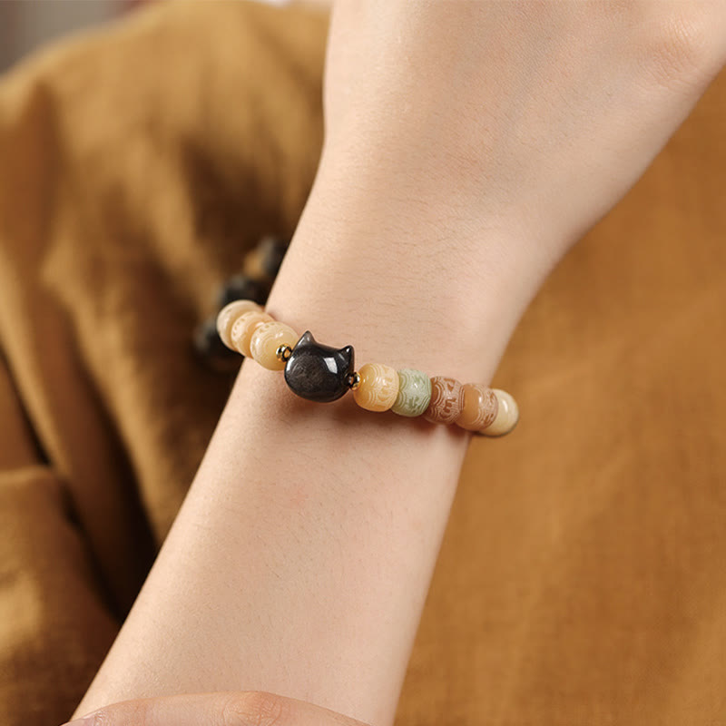 Bracelet de sagesse Foviel en obsidienne argentée sculptée en forme de tête de chat avec graine de Bodhi et mantra Om Mani Padme Hum