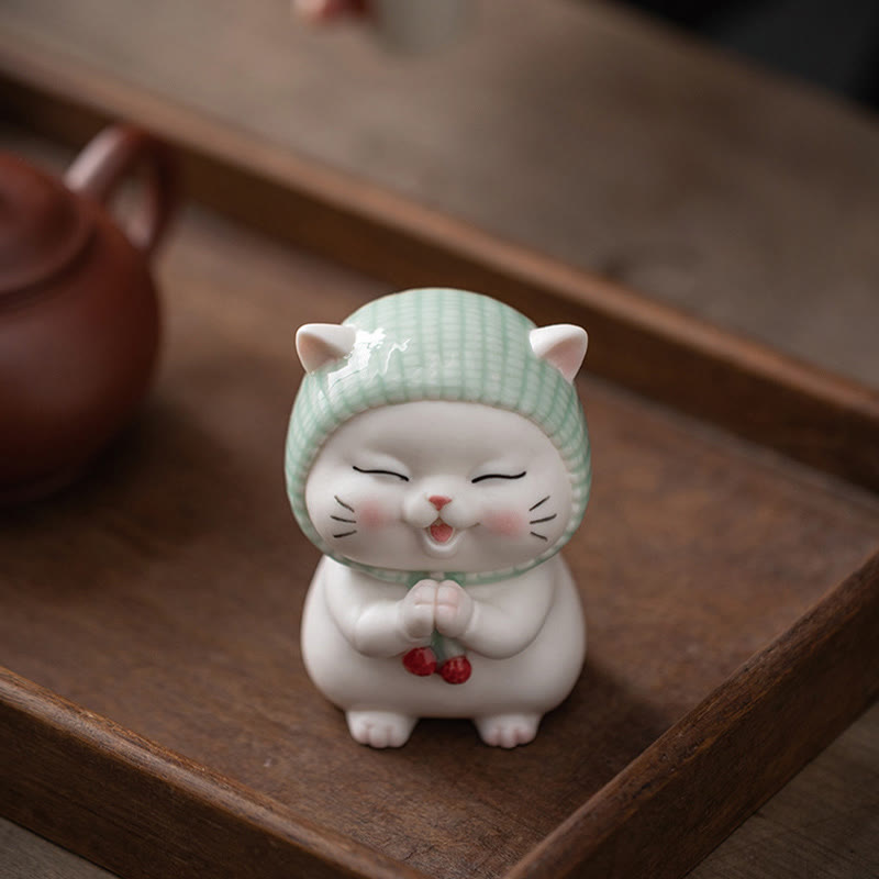 Figurine décorative en céramique Foviel Lucky Cute Cat avec écharpe