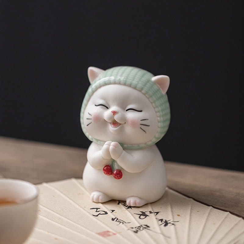 Figurine décorative en céramique Foviel Lucky Cute Cat avec écharpe