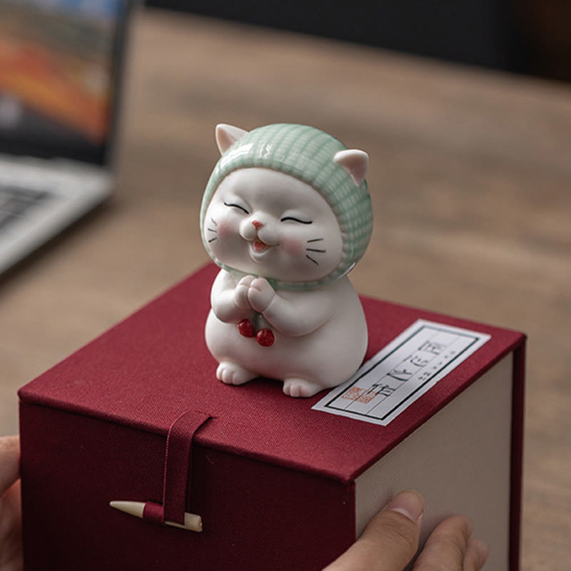 Figurine décorative en céramique Foviel Lucky Cute Cat avec écharpe
