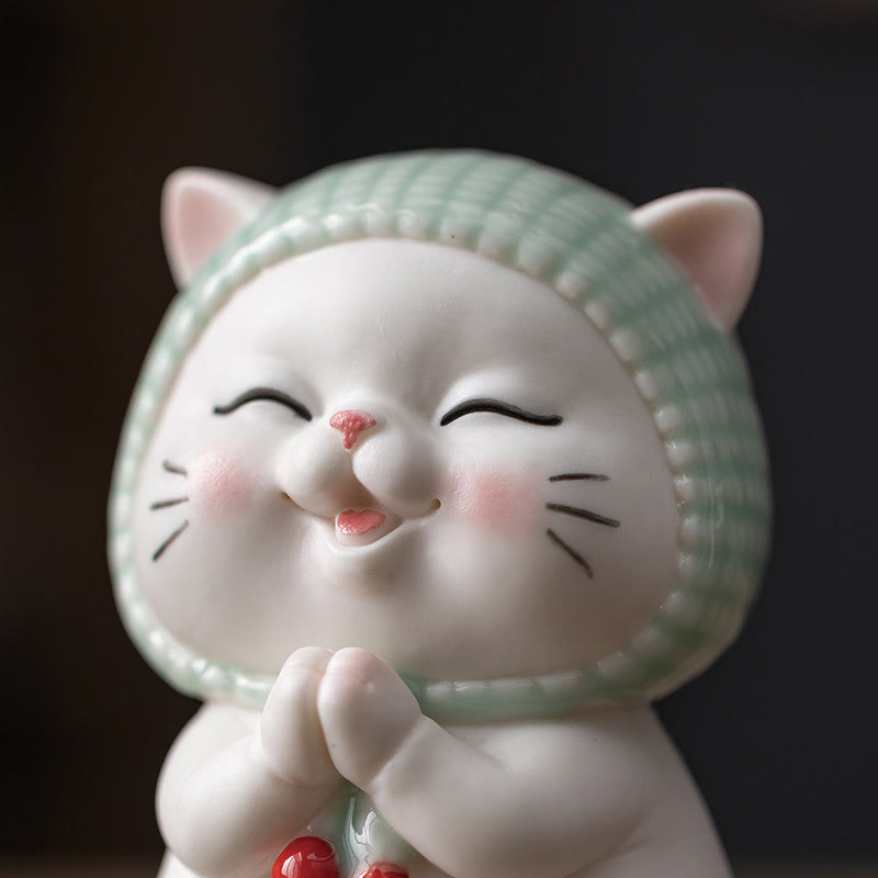 Figurine décorative en céramique Foviel Lucky Cute Cat avec écharpe