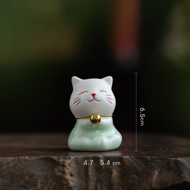 Foviel Mini Glücklich Niedlich Katze Hell Grün Weiß Keramik Figurine Dekoration