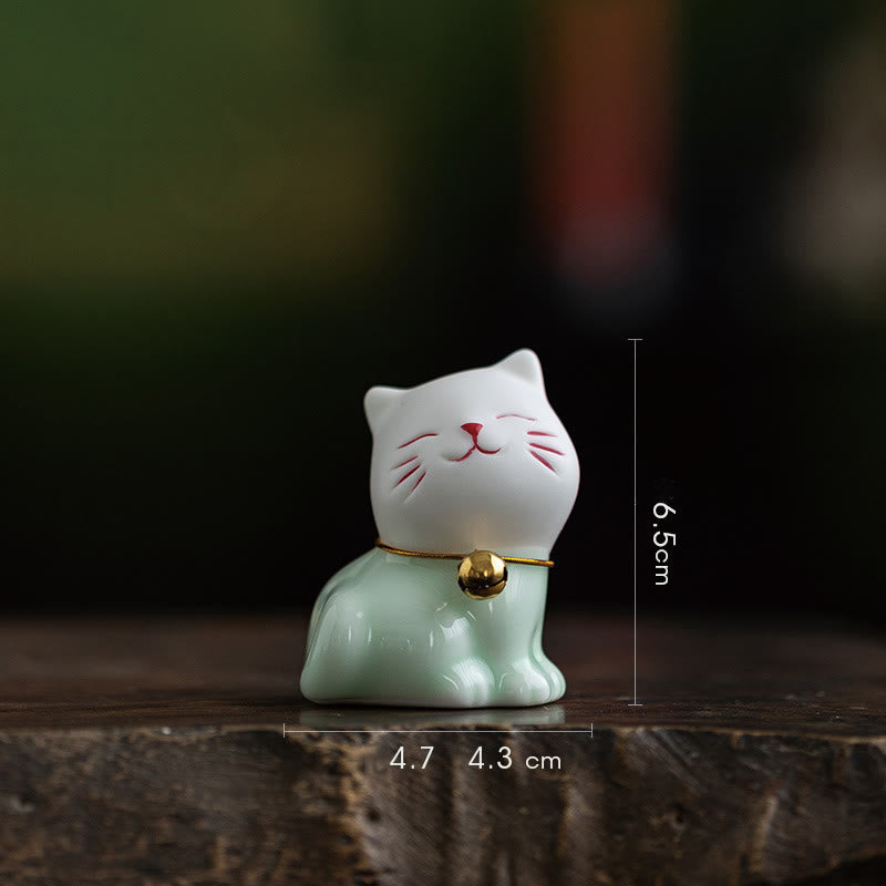 Foviel Mini Glücklich Niedlich Katze Hell Grün Weiß Keramik Figurine Dekoration