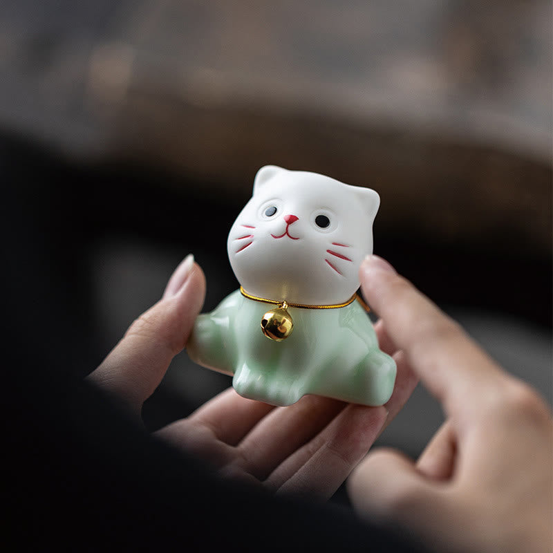 Foviel Mini Glücklich Niedlich Katze Hell Grün Weiß Keramik Figurine Dekoration