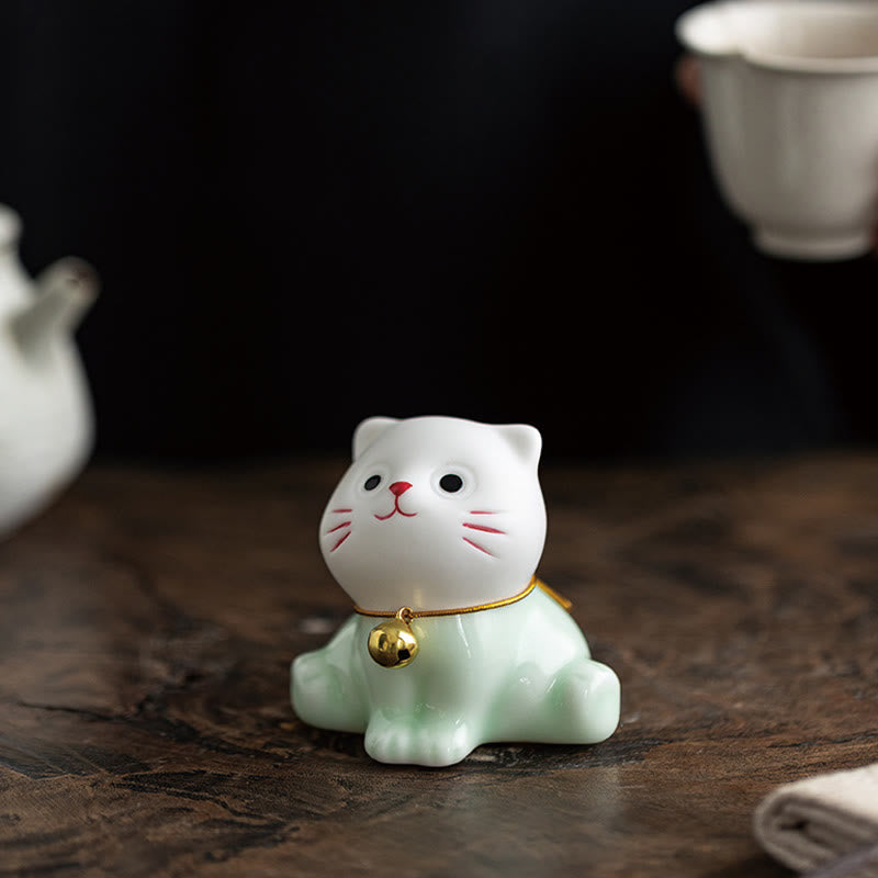 Foviel Mini Glücklich Niedlich Katze Hell Grün Weiß Keramik Figurine Dekoration