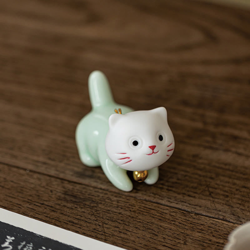 Foviel Mini Glücklich Niedlich Katze Hell Grün Weiß Keramik Figurine Dekoration