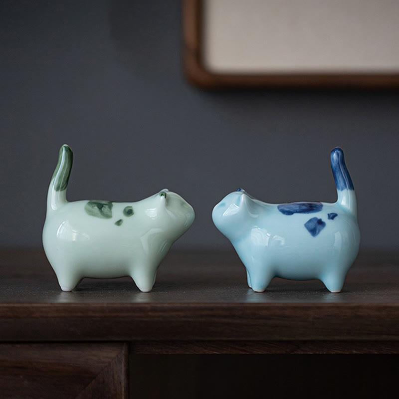 Foviel Mini Lucky Cute Spotted Standing Cat Sleeping Kitten Ceramic Figurine Decoration