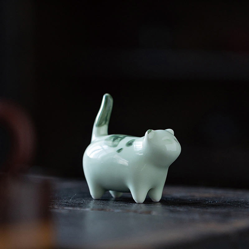 Foviel Mini Lucky Cute Spotted Standing Cat Sleeping Kitten Ceramic Figurine Decoration