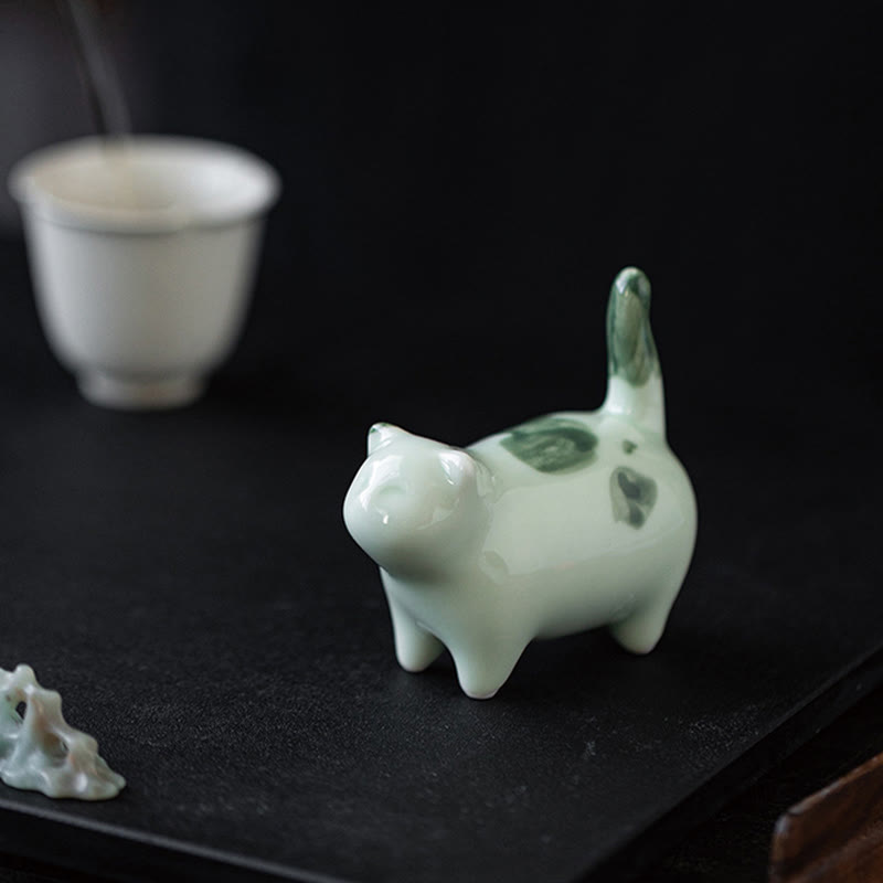 Foviel Mini Lucky Cute Spotted Standing Cat Sleeping Kitten Ceramic Figurine Decoration