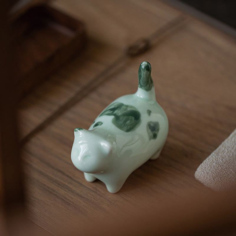 Foviel Mini Lucky Cute Spotted Standing Cat Sleeping Kitten Ceramic Figurine Decoration