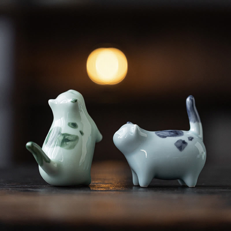 Foviel Mini Lucky Cute Spotted Standing Cat Sleeping Kitten Ceramic Figurine Decoration