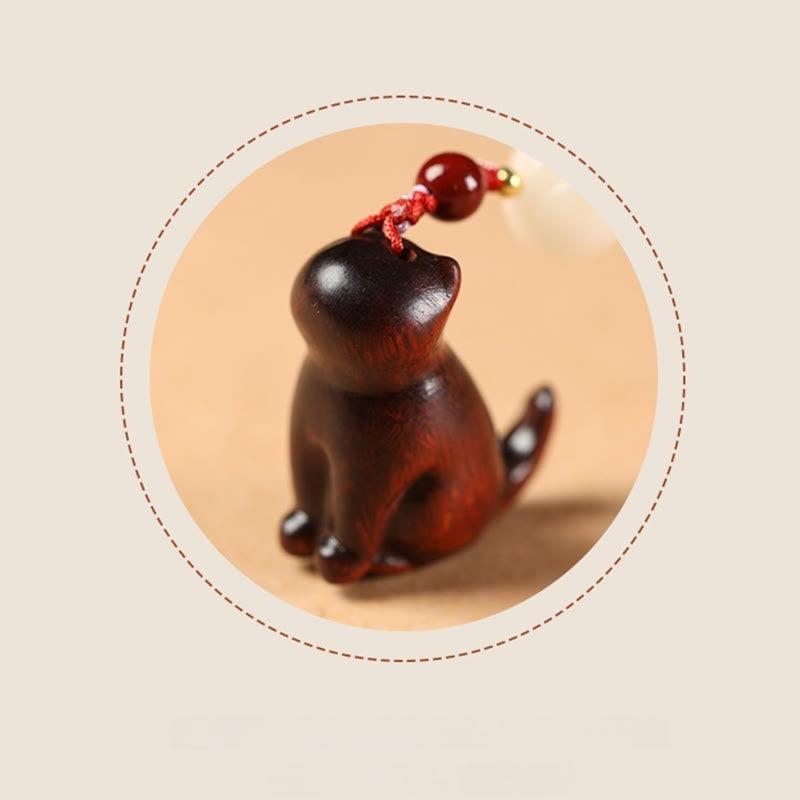 Foviel - Ornement de téléphone à suspendre, chat assis en bois de santal rouge, bois de santal vert et bois de santal à petites feuilles