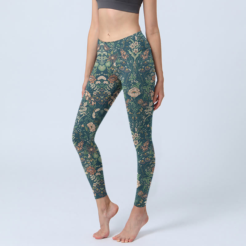 Buddha Stones Green Stitching Flowers Vines Pattern Print Gym Leggings Women's Yoga Pants - Teal - US18,UK/AU22,EU50 (4XL) - image 1