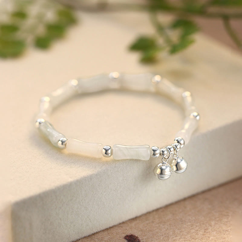 Foviel 925 Sterling Silber Natürlich Weiß Jade Bambus Bell Charm Glücksbringer Armband