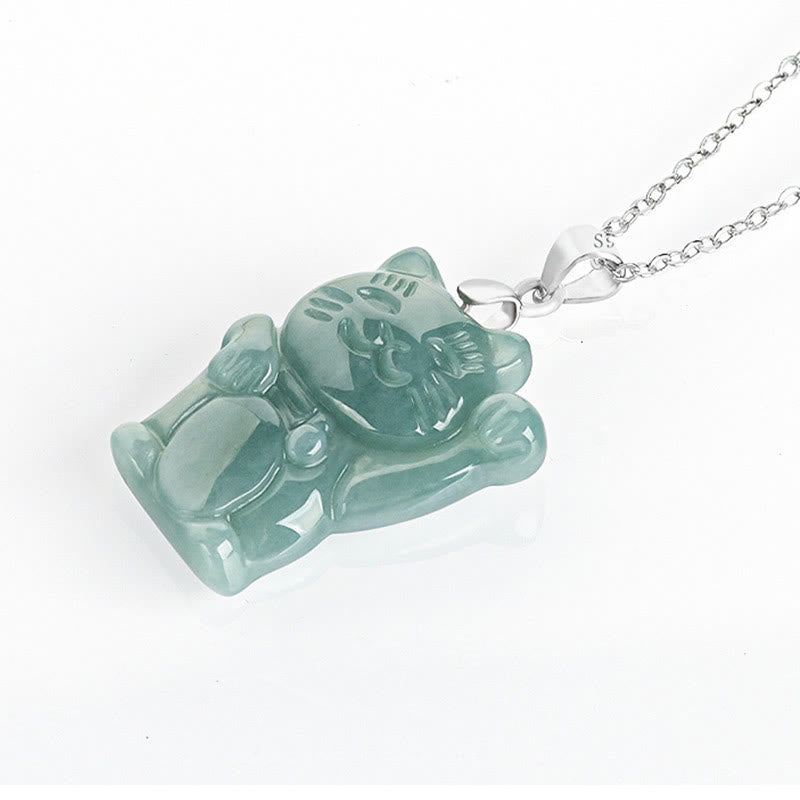 Buddha Stones Natural Jade Lucky Cat Abundance Titanium Steel Necklace Pendant - image 3