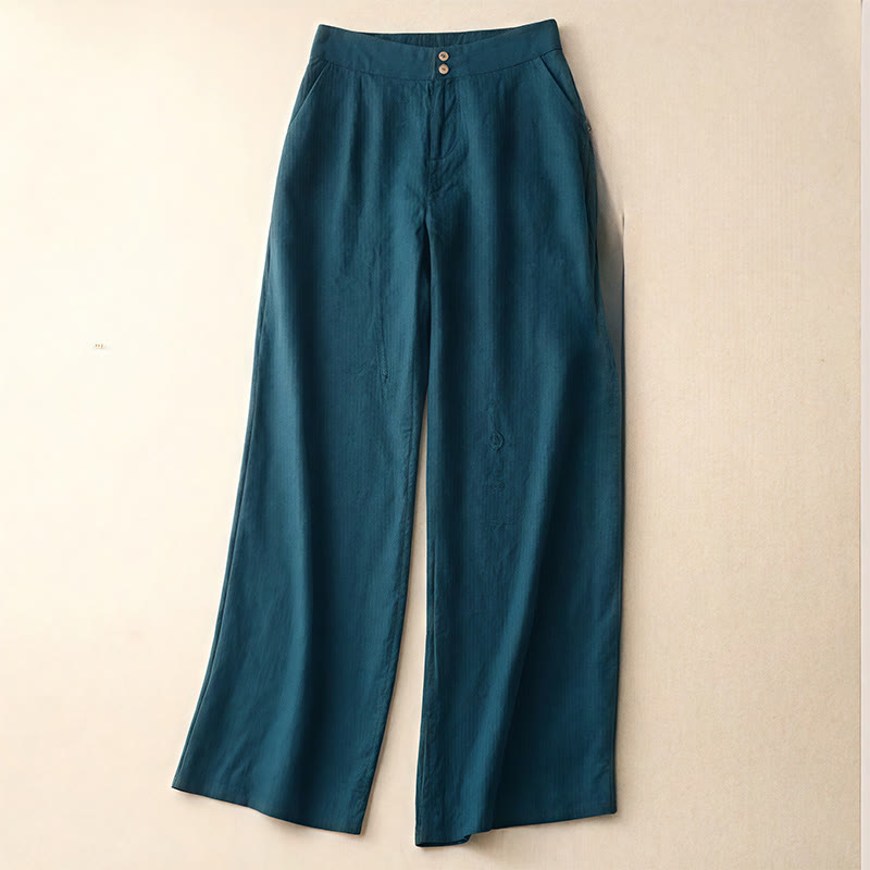 Buddha Stones Summer Casual Simple Zipper Design Linen Women's Wide Leg Pants With Pockets - Teal - US8-10,UK/AU12-14,EU40-42 (2XL) - image 0
