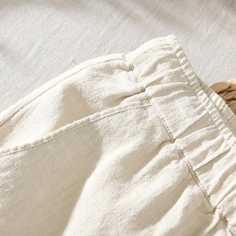 Pantalon décontracté d'été Foviel pour homme en ramie et lin avec cordon de serrage et poches